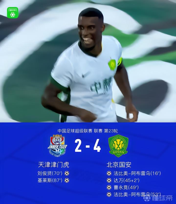 国安客场4-2战胜津门虎,法比奥表现出色,球队迎来三连胜