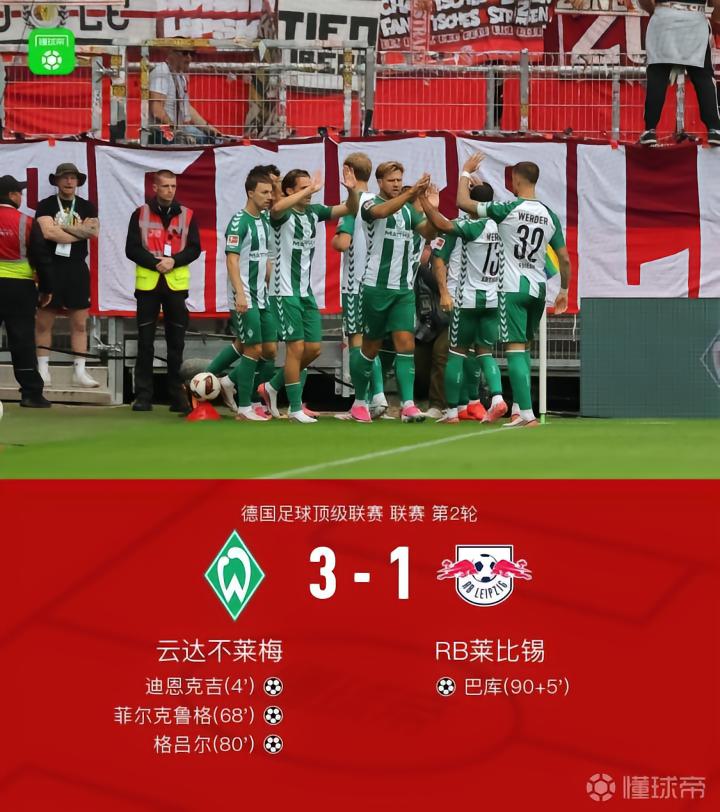 不莱梅3-1莱比锡,格吕尔传射,菲尔克鲁格、迪恩克吉破门